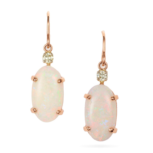 Rose Gold Classic Oval Opal and Diamond Dangle Earrings
