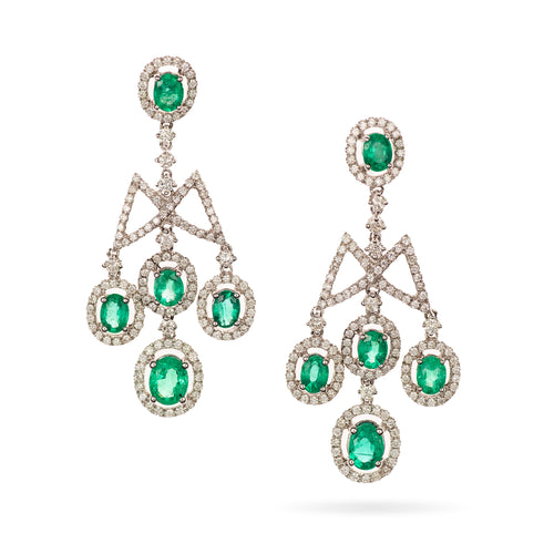 Oval Emerald and Diamond Dangle Earrings in 18k White Gold