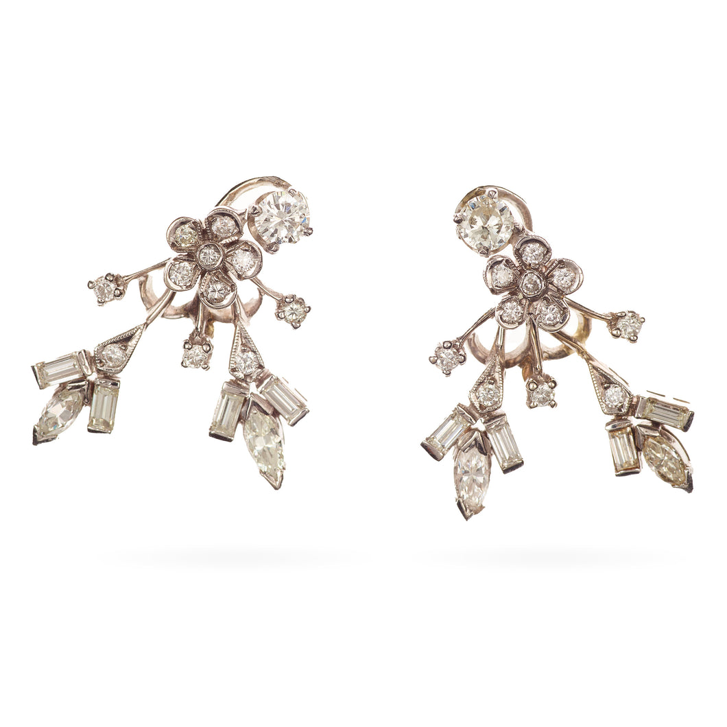 Marquise and Bagguette Diamond Earrings in 14k White Gold