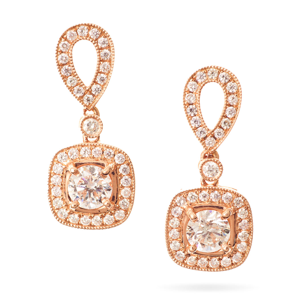 14k Rose Gold Round Diamond and Halo Dangle Earrings 14k Rose Gold Round Diamond and Halo Dangle Earrings