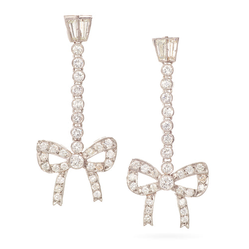 Platinum Bow Diamond Dangle Earrings