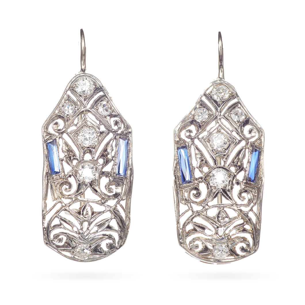 Estate Old European Cut Diamond and Sapphire Dangle Earrings