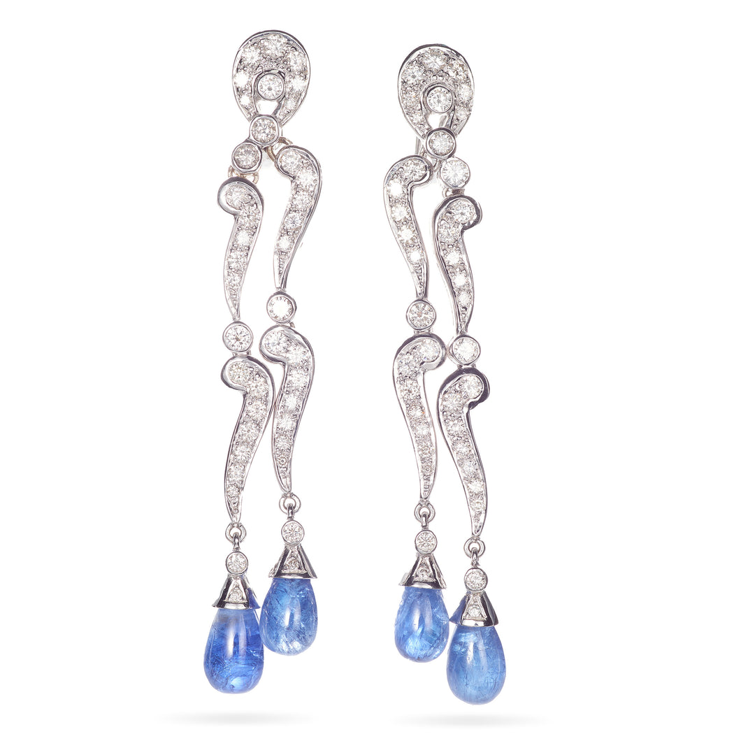 18k White Gold Diamond and Cabochon Dangle Earrings