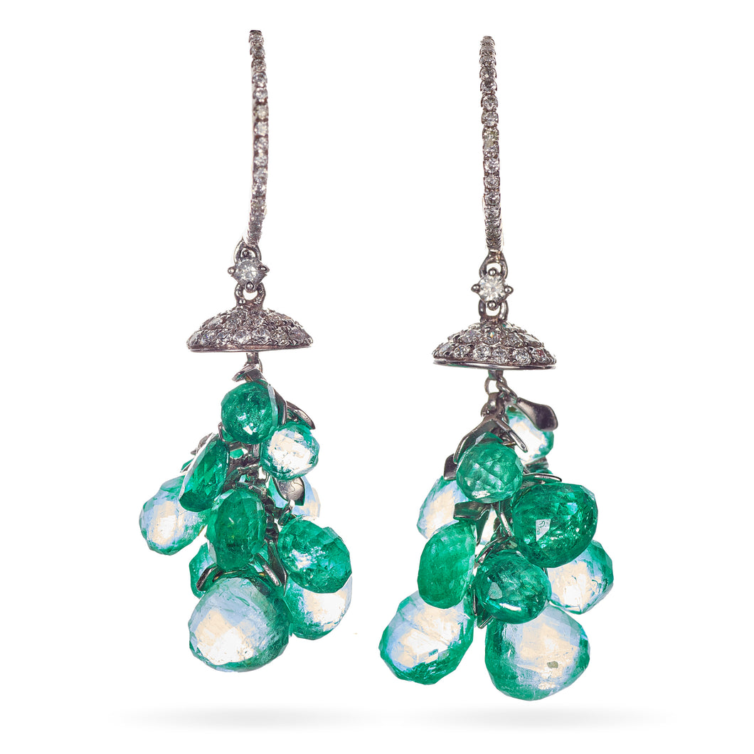 Custom-Made Briolette Emerald and Diamond Dangle Earrings in 18k White Gold