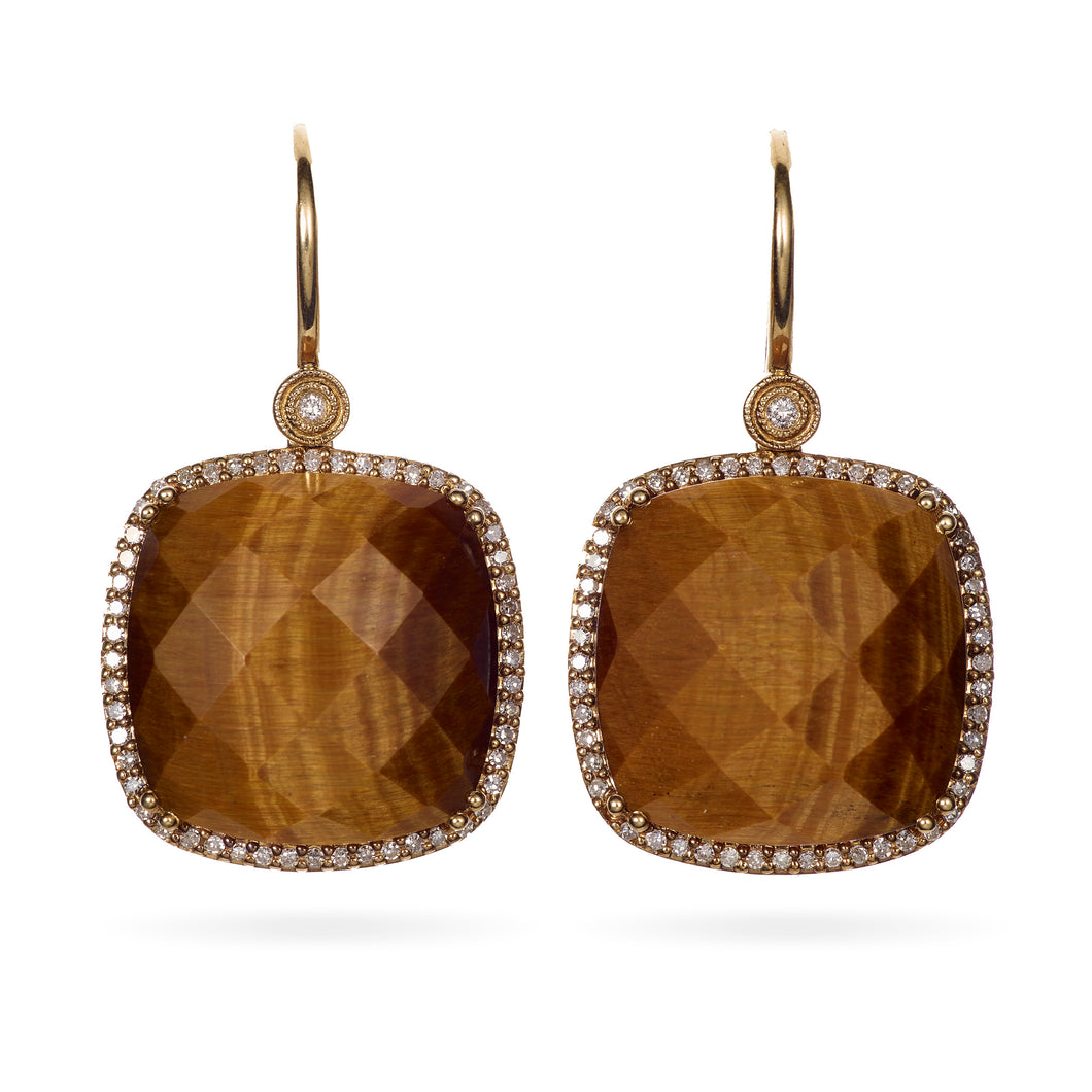 Tigers Eye Diamond Halo Dangle Earrings in 14K Yellow Gold