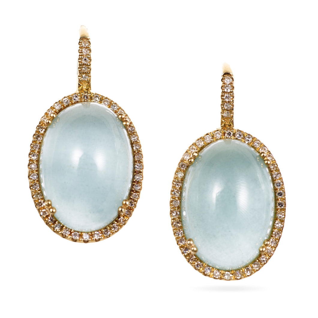 Cabochon Cut Light Blue Aquamarine Earrings with a Diamond Halo in Yellow Gold
