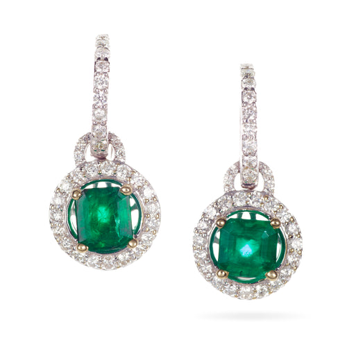 Columbian Emerald Diamond Dangle Earrings in 18k White Gold