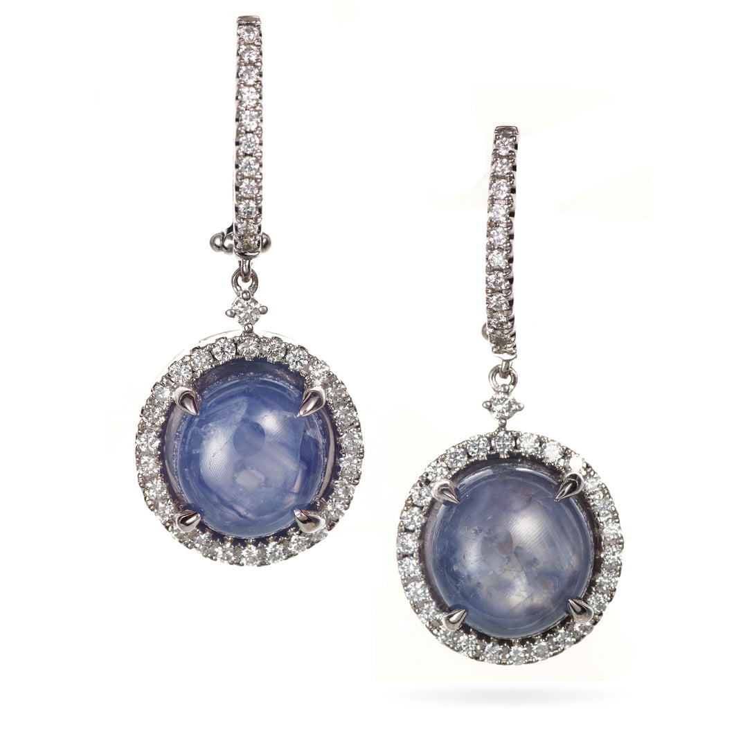 12 Carat Star Sapphire and Diamond Halo Dangle Earrings in 14k White Gold