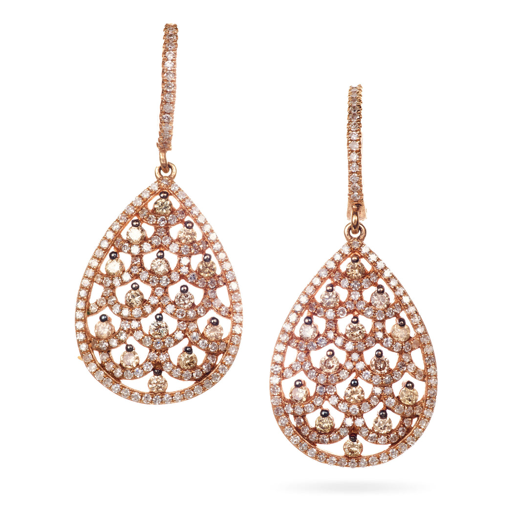 Rose Gold Champagne Diamond Teardrop Dangle Earrings