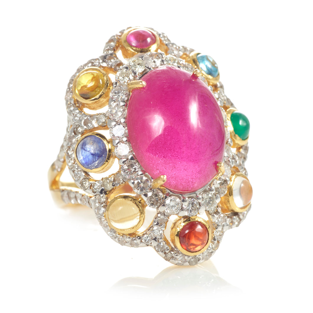 Vintage Ruby Ring with Multicolored Stones and Diamonds in 18k Yellow Gold