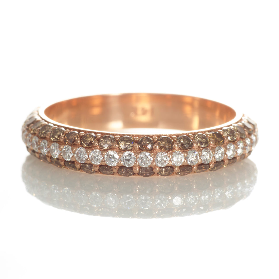 Rose Gold Triple Row Champagne and White Diamond Band Ring