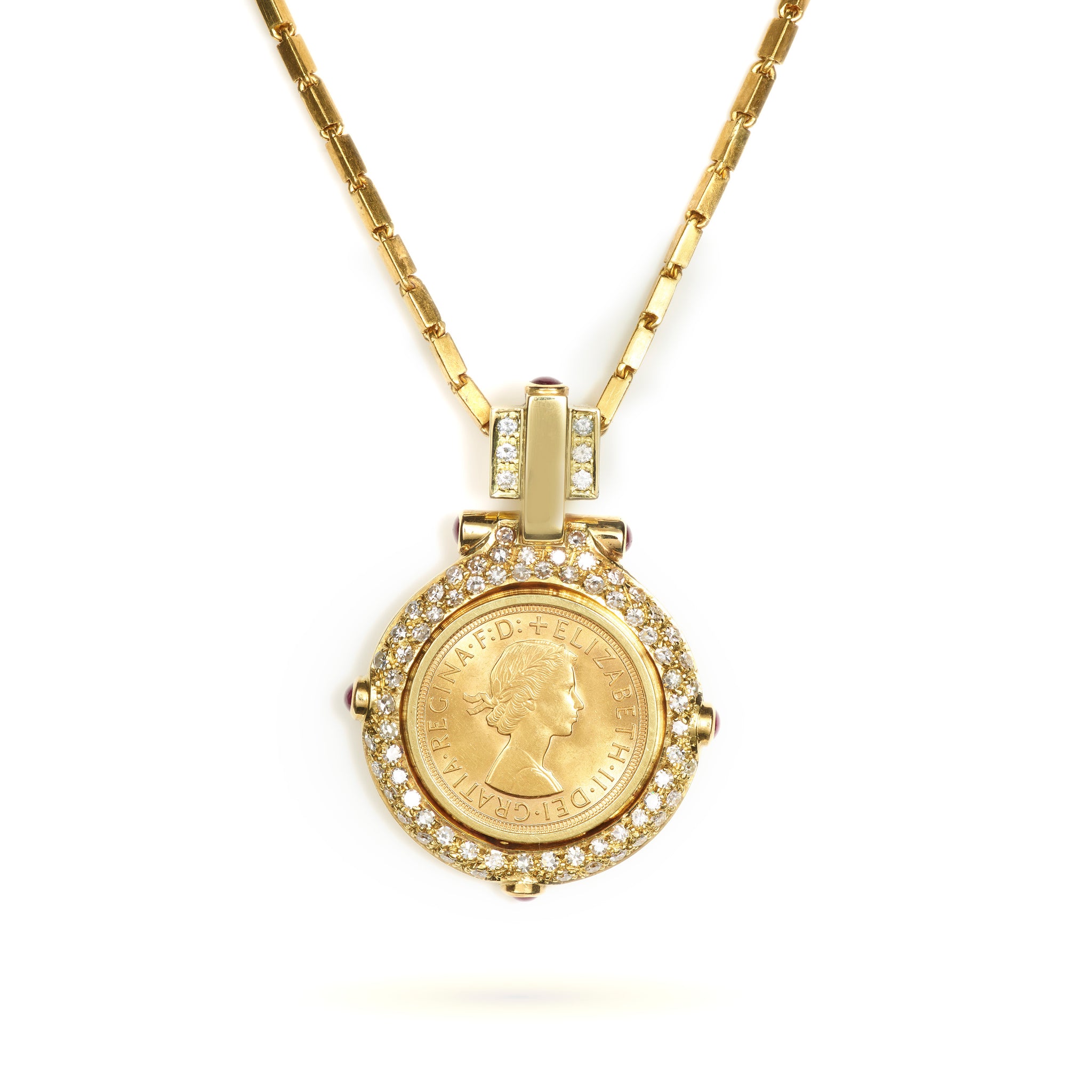 Statement 14k Yellow Gold Coin Pendant Necklace with Diamonds and Rubi