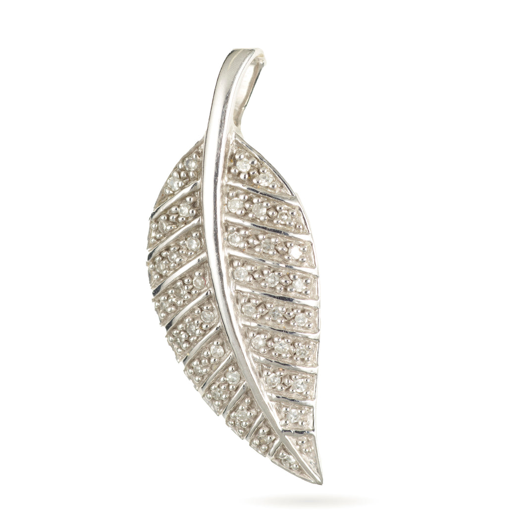 Custom-Made 14k White Gold Diamond Leaf Pendant