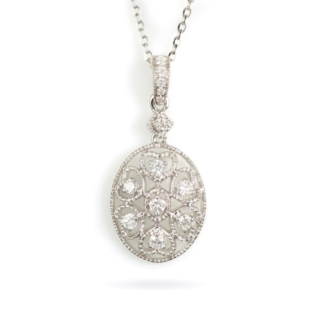 Filigree Diamond Oval Pendant Necklace in White Gold