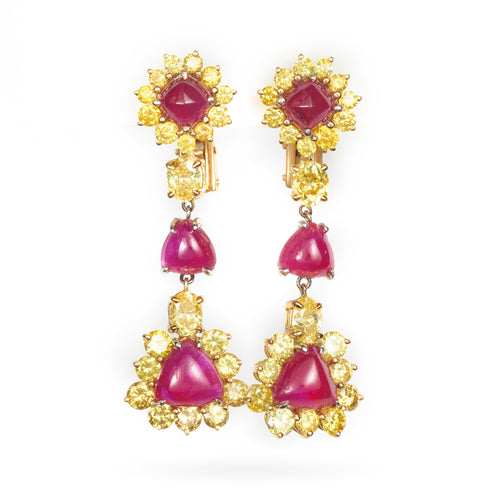 Cabochon Burmese Ruby Earrings Yellow Diamonds in 14k Yellow Gold