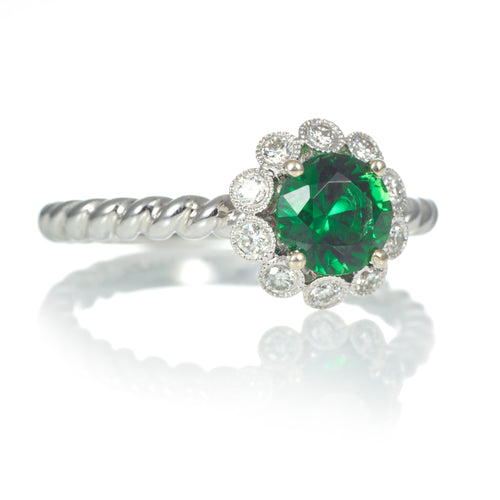Round Green Tsavorite Garnet Diamond Ring Halo Milgrain Edging