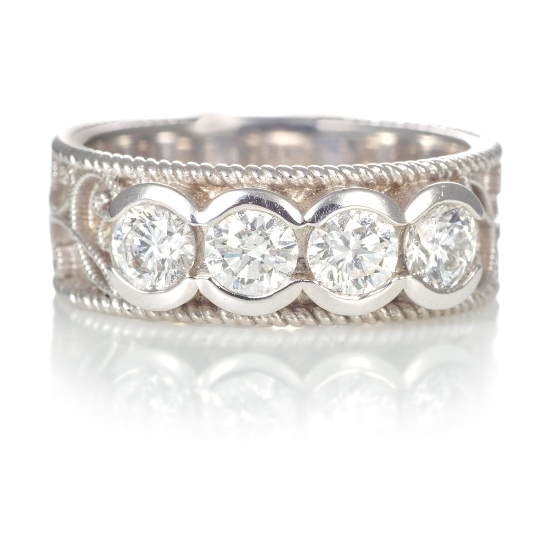 Custom-Made 1.0 Carat Half-Bezel Diamond Ring with Floral Pattern