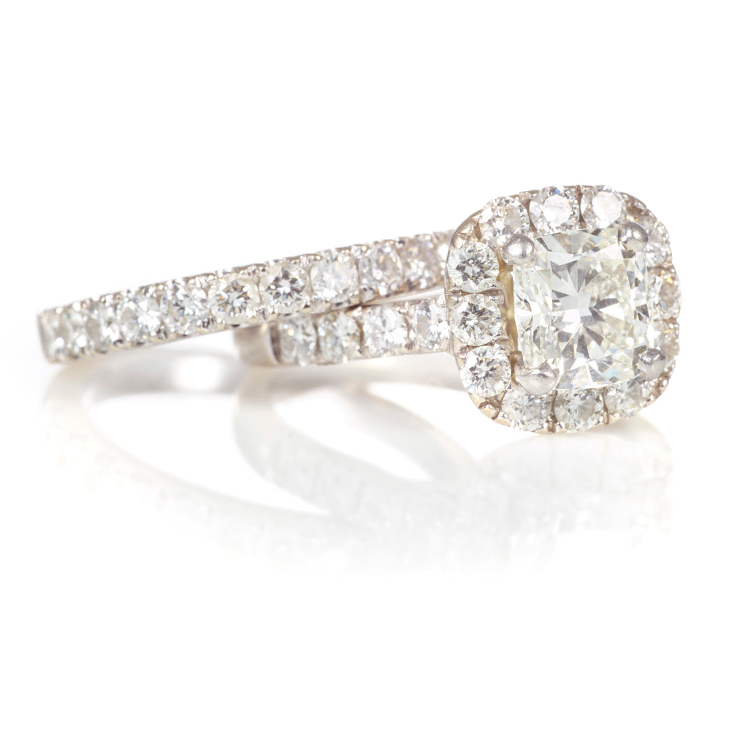 Cushion Cut Diamond Halo Wedding Ring Set in White Gold
