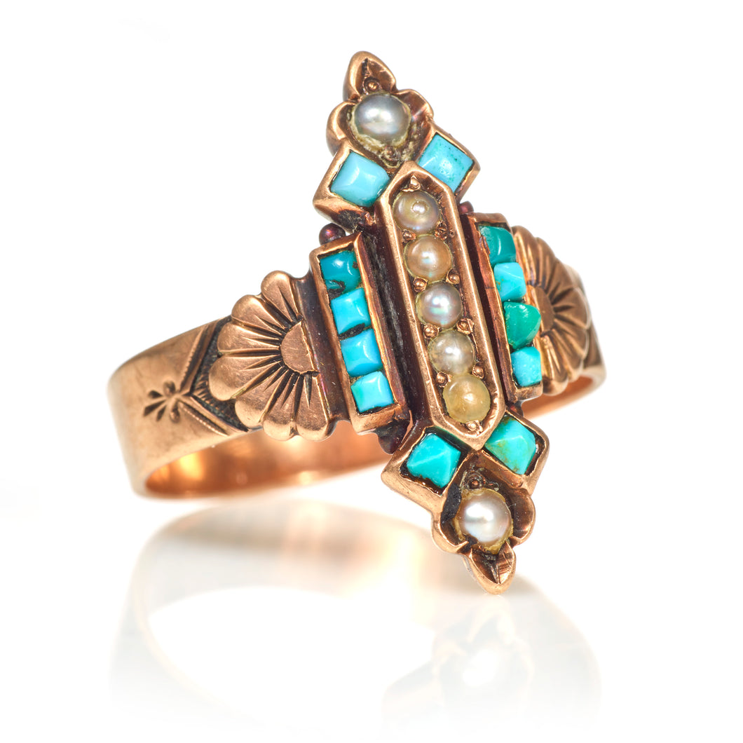 Antique Victorian Turquoise Ring with Seed Pearls in 14k Yellow Gold