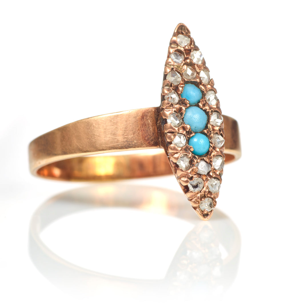 Vintage 14k Rose Gold Diamond and Turquoise Ring