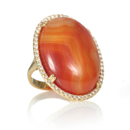 14k Yellow Gold Carnelian Oval Stone Ring with Diamonds