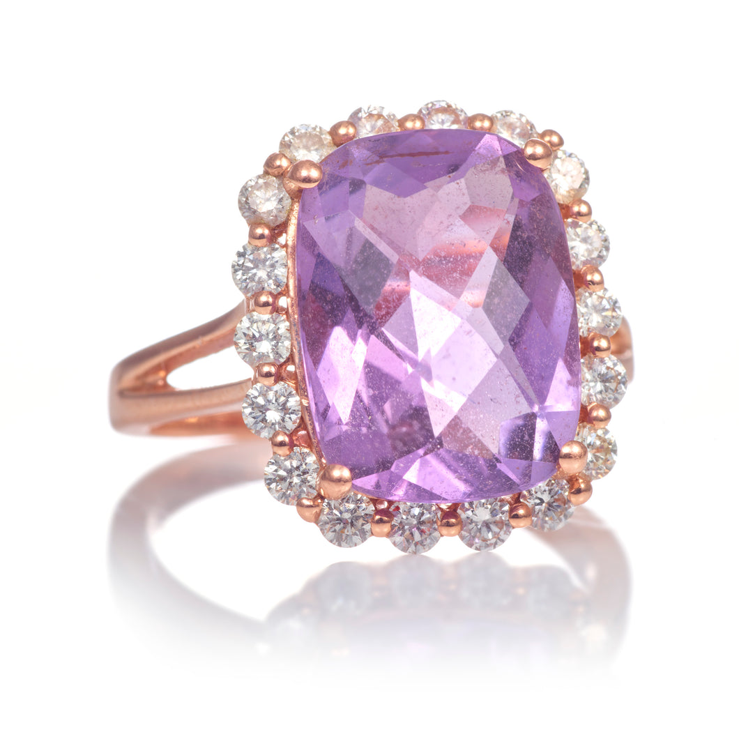 Cushion Cut Amethyst and Diamond Halo Ring in 14k Rose Gold