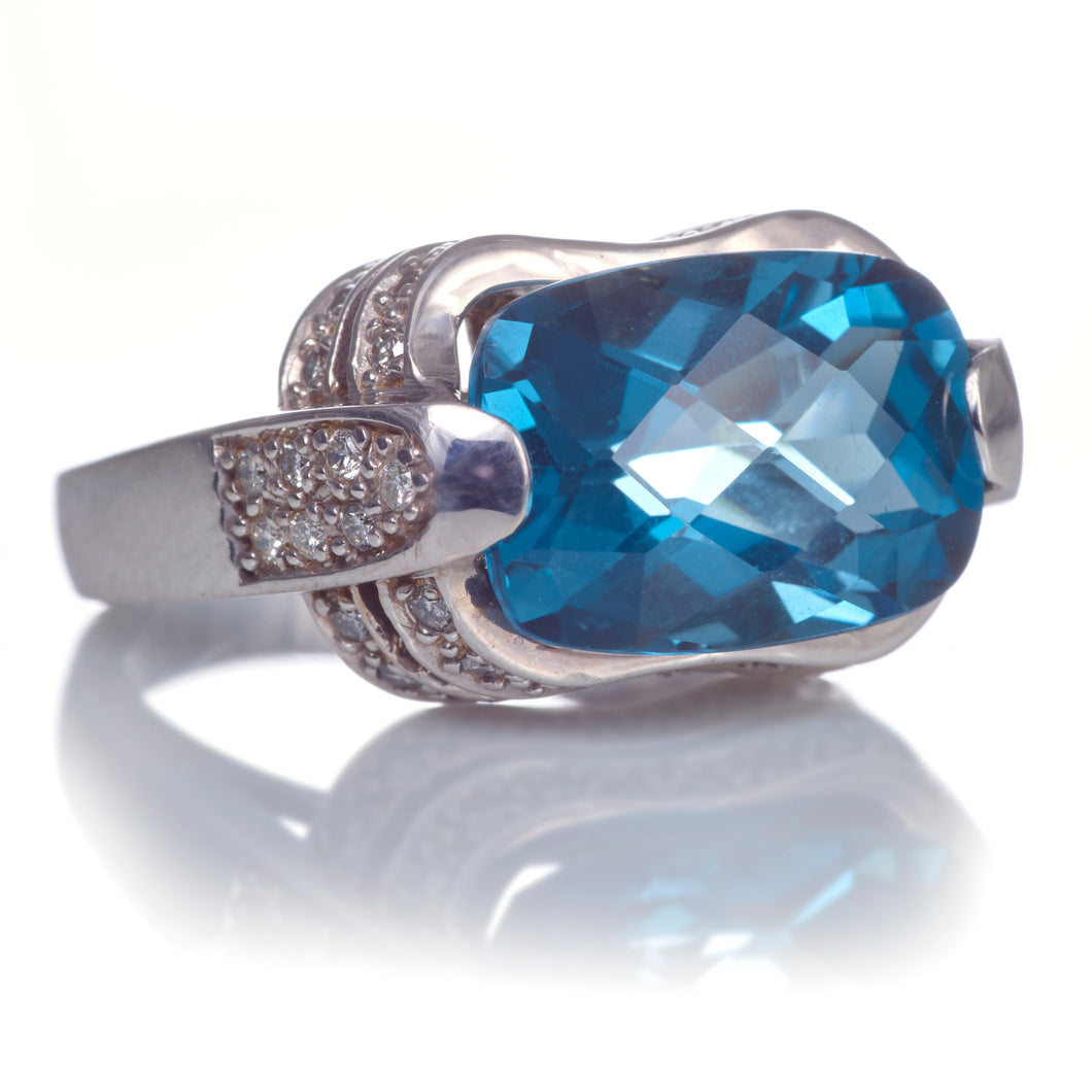 London Blue Topaz and Diamond Ring in 14k White Gold