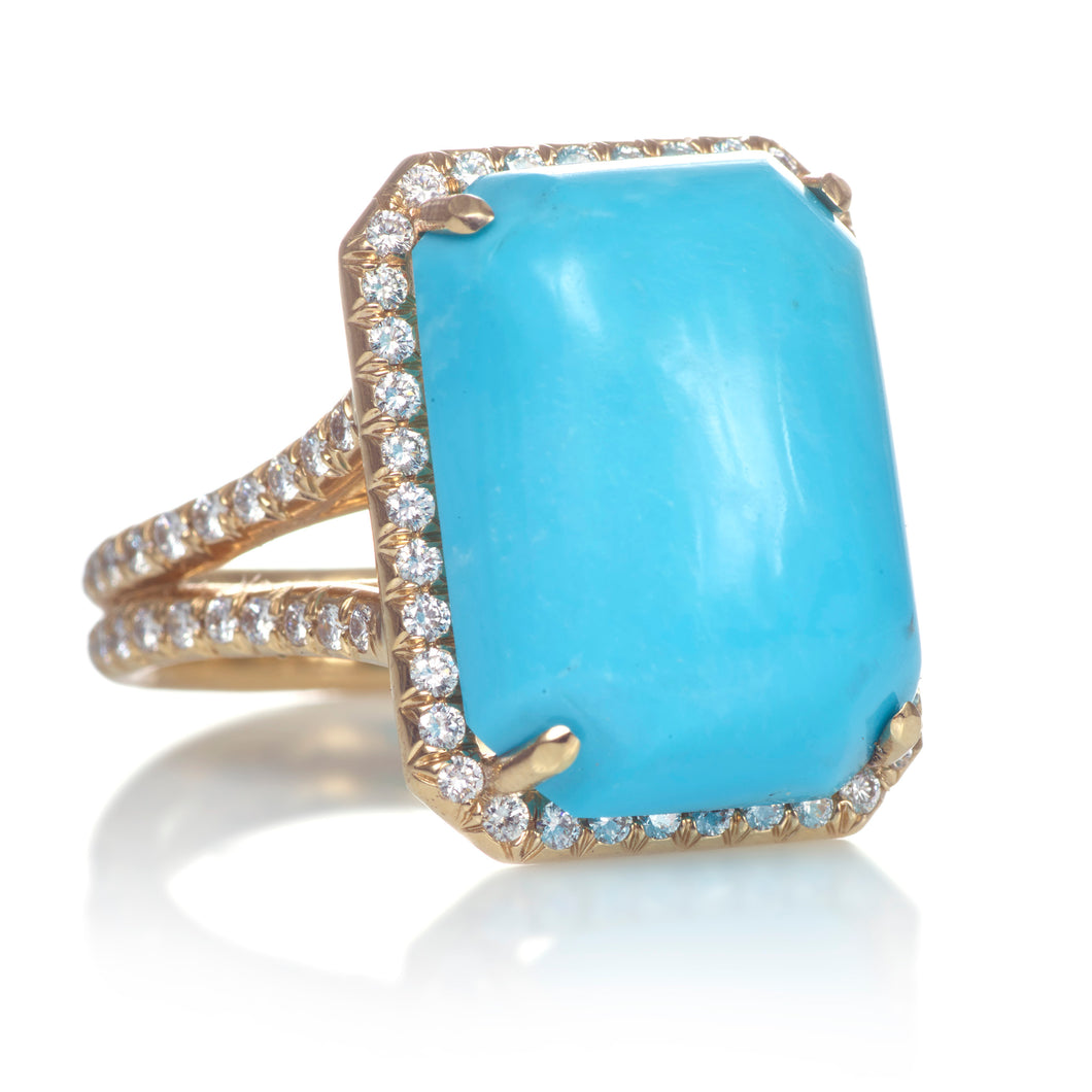 Custom-Made Turquoise Ring with Diamond Halo in 18k Yellow Gold