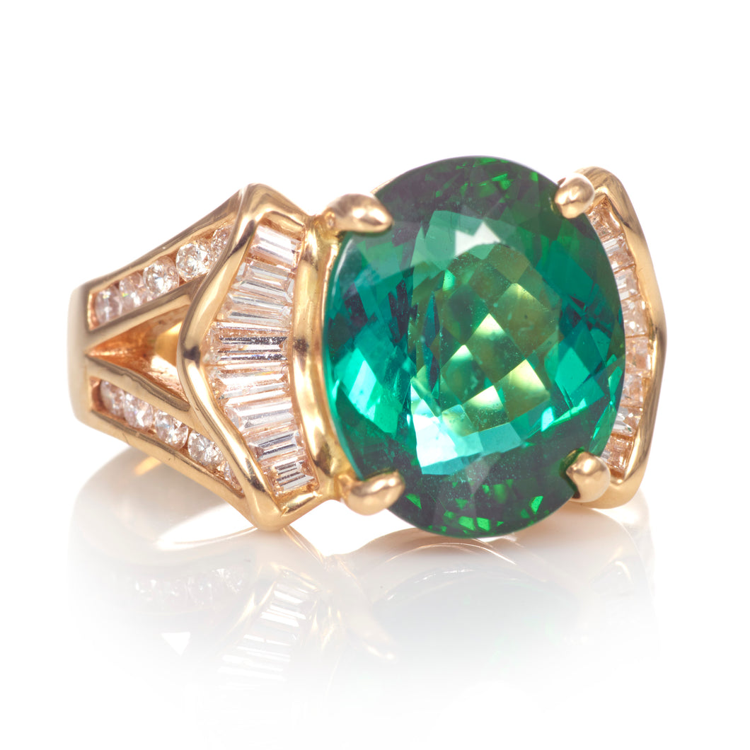 7.0 Carat Indicolite Tourmaline Ring with Accent Diamonds in 14k Yellow Gold
