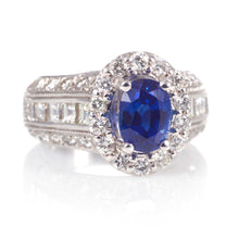 Load image into Gallery viewer, Oval Sapphire and Diamond Halo Ring in 14k White Gold
