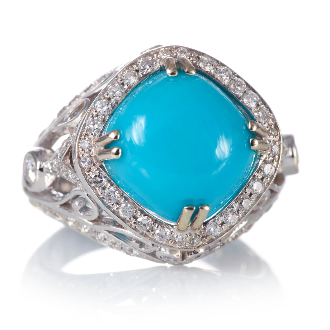 Custom-Made Cushion Turquoise and Diamond Ring in 14k White Gold
