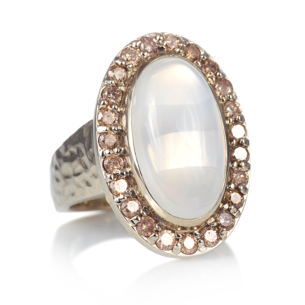 Sterling Silver Moonstone Champagne Diamond Ring with Hammered Finish