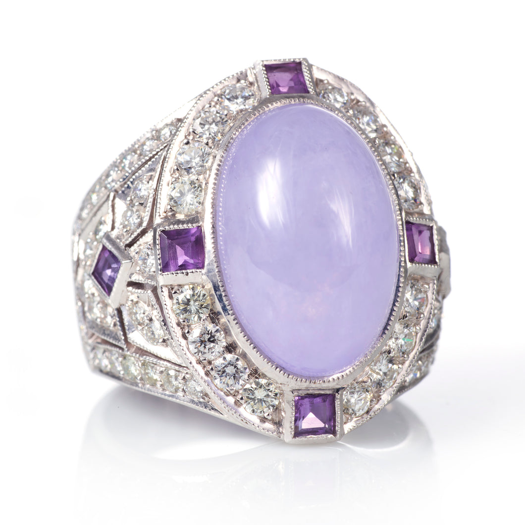 Lavender Jade Diamond and Amethyst Ring in 18k White Gold