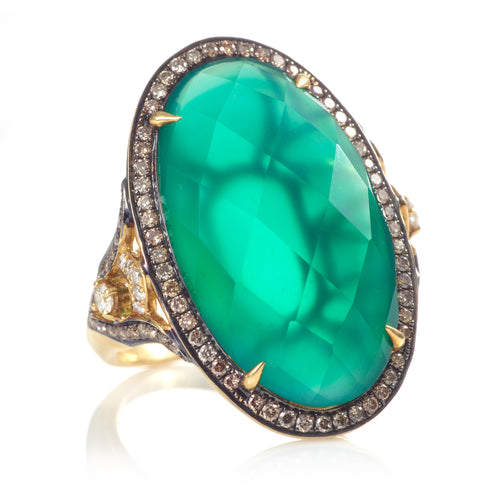 14k Yellow Gold Faceted Green Onyx Ring with Champagne Diamonds