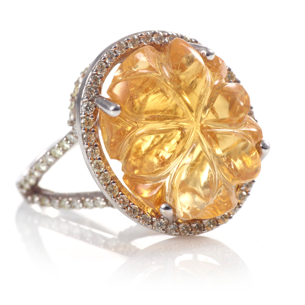 Citrine and Diamond Halo Ring in 14k White Gold