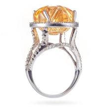 Load image into Gallery viewer, Carved Citrine and Diamond Halo Ring in 14k White Gold

