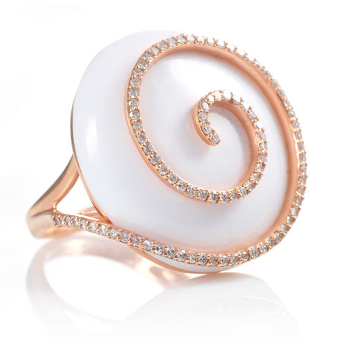 14k Rose Gold Swirl Diamonds and White Ceramic Ring
