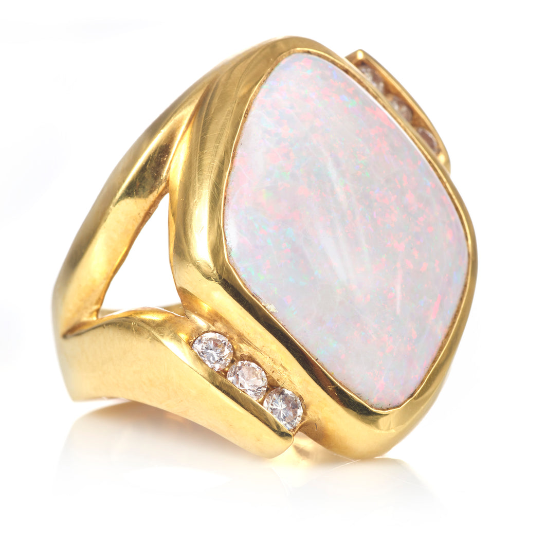 Custom-Made Men's Opal and Diamond Ring in 18k Yellow Gold
