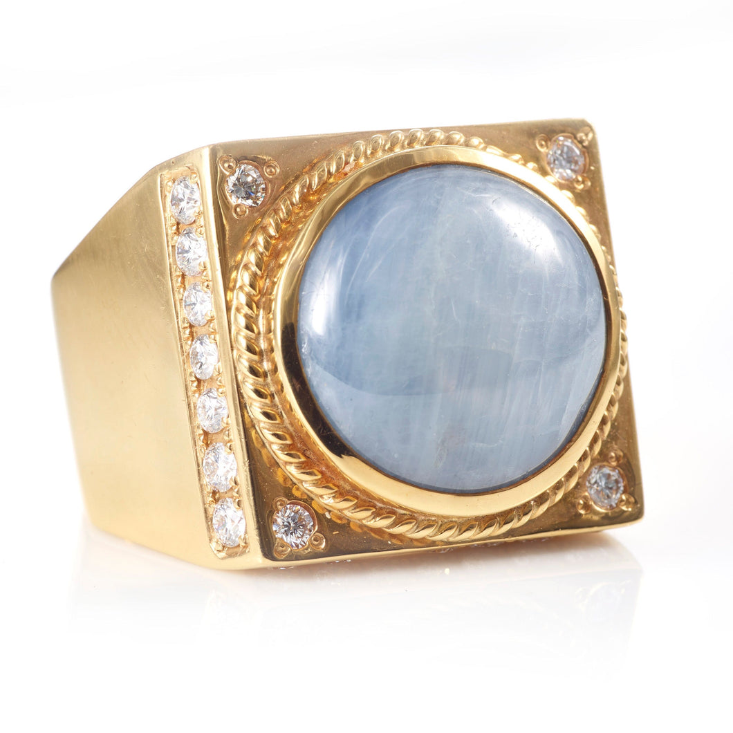 Custom-Made Men's Star Sapphire and Diamond Ring with Rope Detail Bezel in 14k Yellow Gold