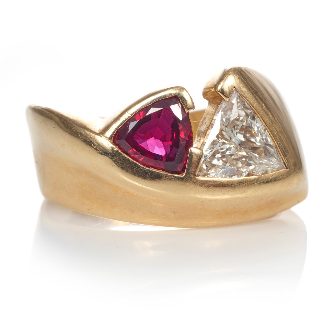 Custom-Made Trillion Diamond and Ruby Men's Ring in 14k Yellow Gold