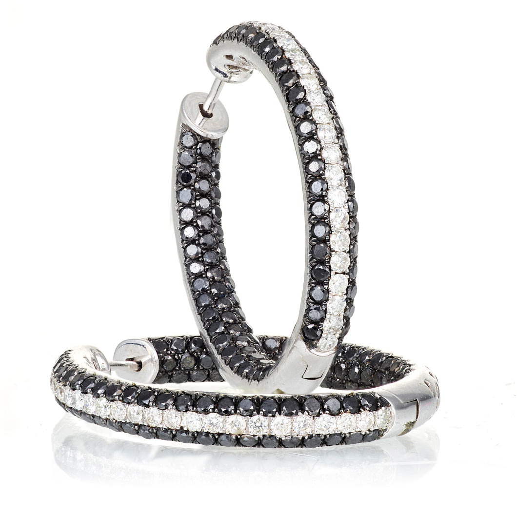 Custom-Made Black & White Diamond Hoop Earrings in 14k White Gold