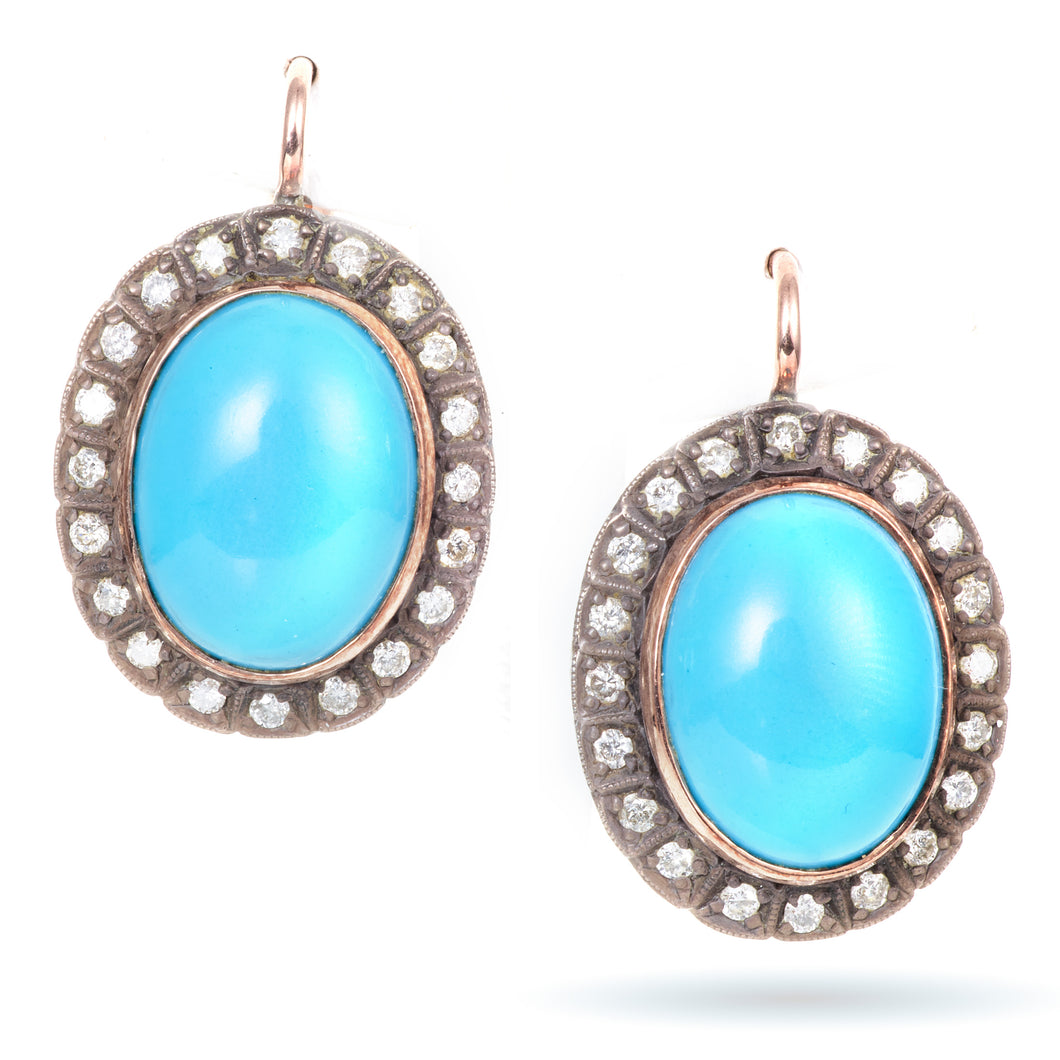 Vintage Sleeping Beauty Turquoise Diamond Halo Earrings (Sterling Silver and 14k Yellow Gold)