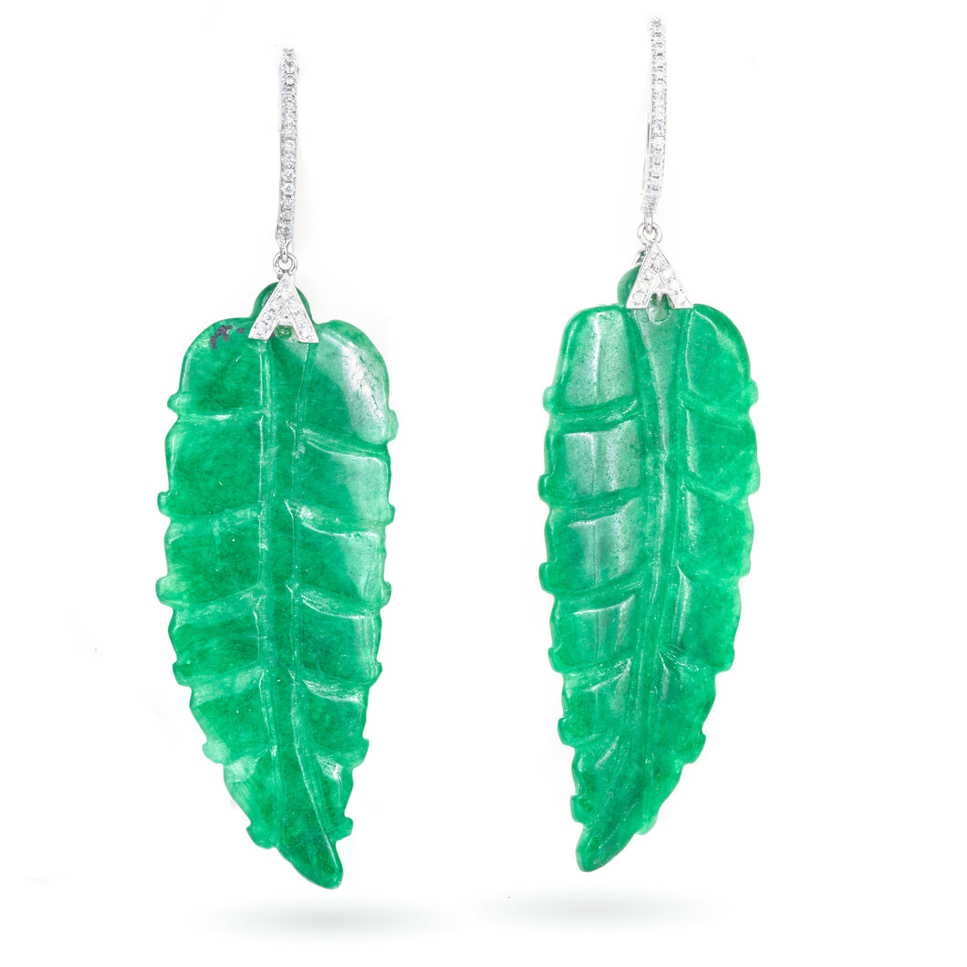 Custom-Made Carved Jade Leaf Earrings in 14k White Gold and Diamond Accents