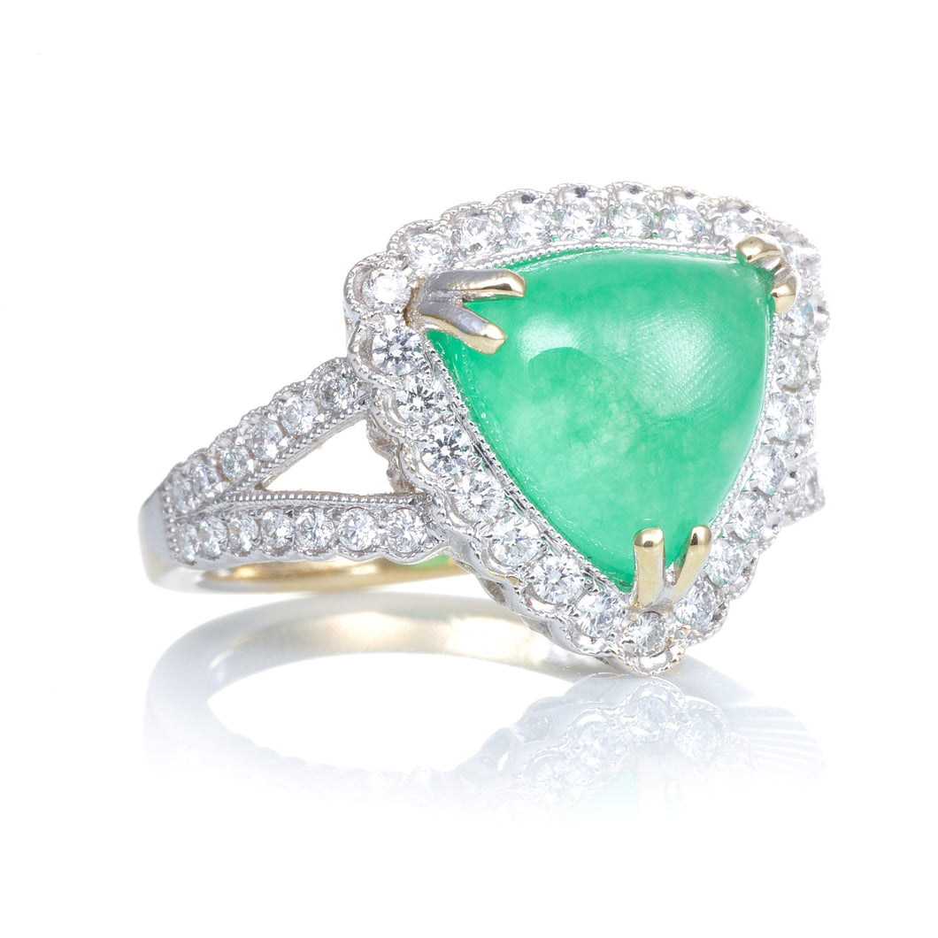 18k White Gold Trillion Cut Jade Ring with Diamond