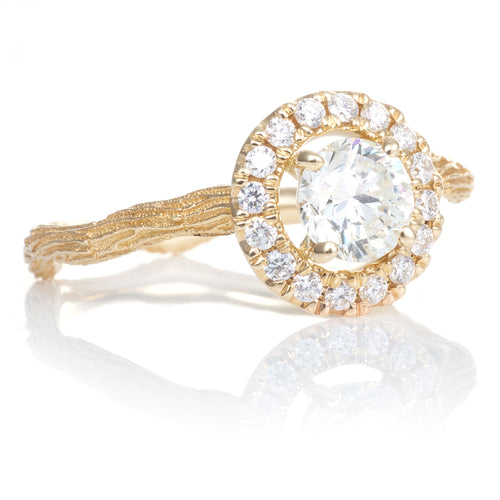 14k Yellow Gold Diamond Halo Ring with Unique Band