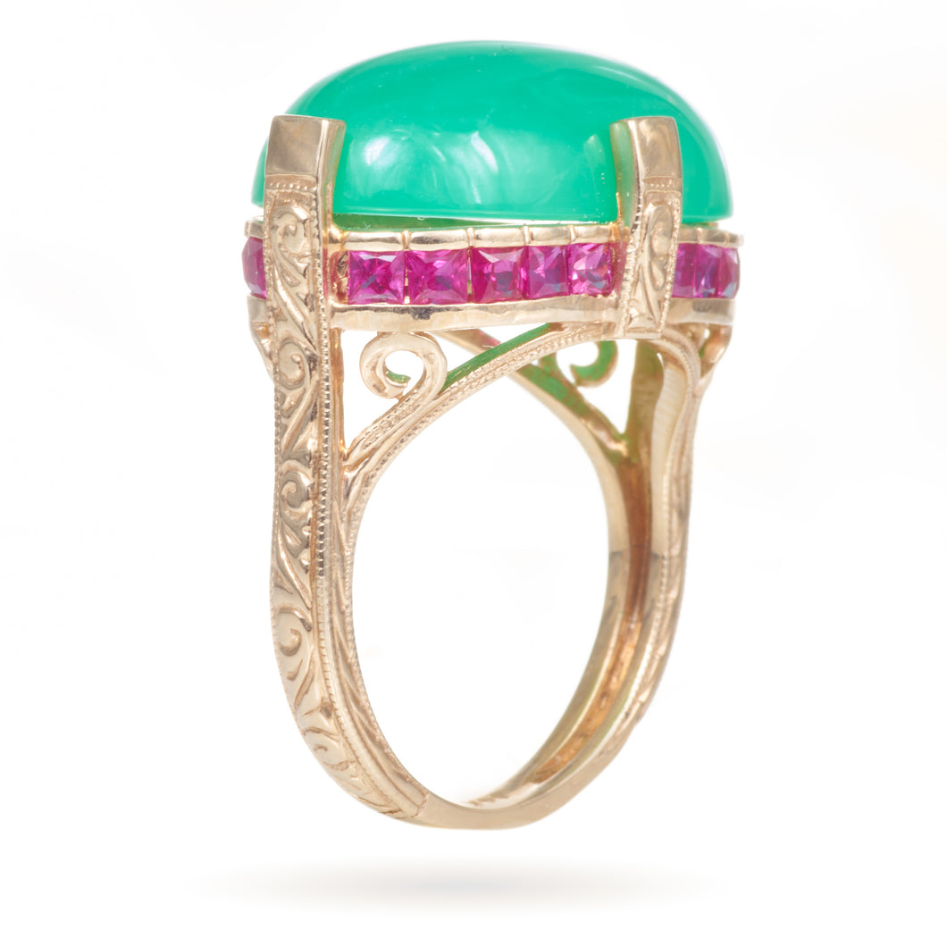 Chrysoprase and Ruby Ring with Engraving  in 14k Yellow Gold