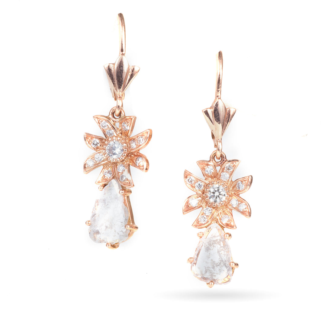 Custom-Made European Dangle Slice Diamond Earrings with Wire Backs in 18k Rose Gold