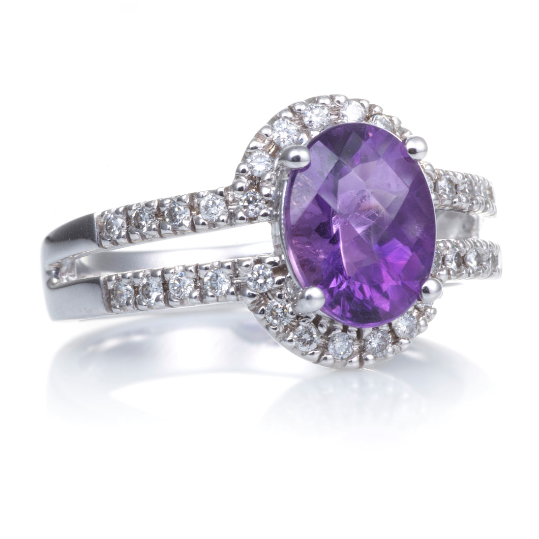 Amethyst Diamond Halo Split Shank Ring in 14k White Gold