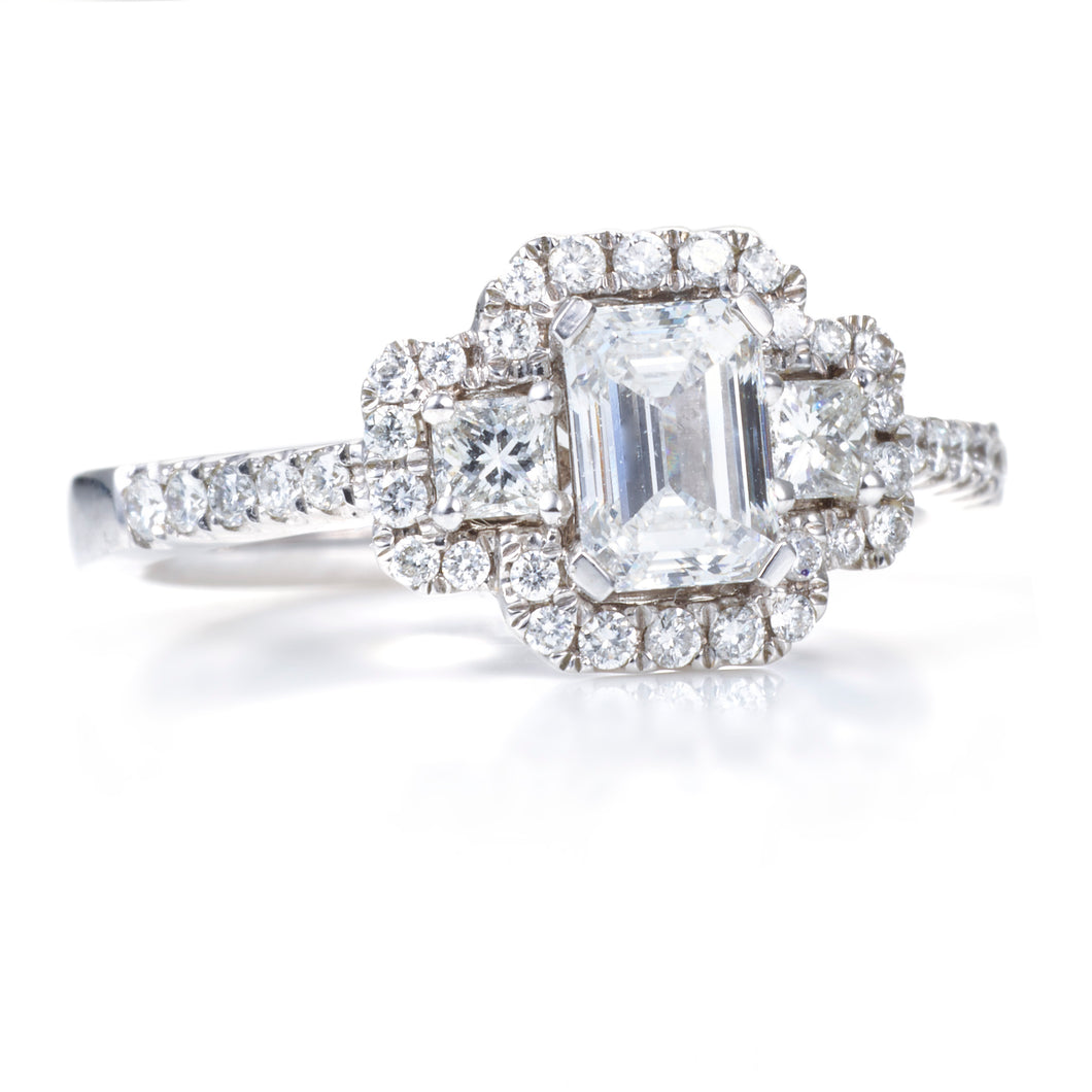 Emerald Cut Diamond Halo Ring in 18k White Gold