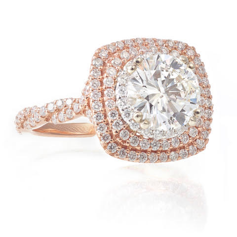 Custom-Made 14k Rose Gold Double Halo Diamond Ring
